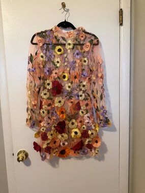 Finesse Peach Sheer Floral Embroidered Long Sleeve Mini Dress